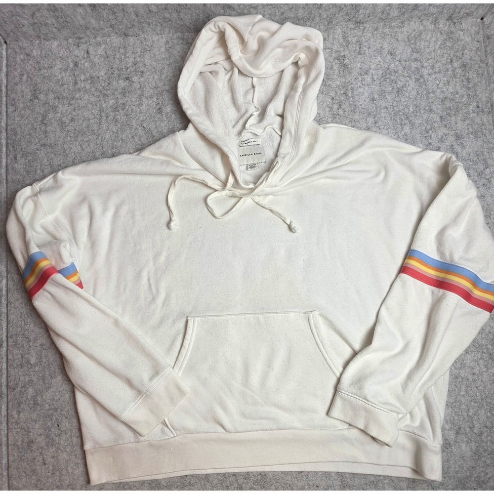 American Eagle Ahh-mazingly Soft Hoodie XL Cream Rainbow Stripe Sleeve Pullover